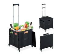Relaxdays Foldable Shopping Trolley, Collapsible Basket on Wheels, 35 kg Capacity, Telescopic Handle, Mesh, Black, Iron, 100 x 44 x 39 cm