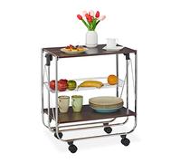 Relaxdays Foldable Trolley, 4 Castors, 2 Shelves and Mesh Basket, HWD: 70 x 68 x 40 cm, Multipurpose Serving Cart, Brown, Fibreboard