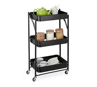 Relaxdays Foldable Trolley on Wheels, 3 Tiers, HWD: 77.5 x 45.5 x 29.5 cm, 2 Brakes, 4 Hooks, Multipurpose, Metal, Black, Iron