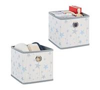 Relaxdays Folding Bamboo, Set of 2, Shelf Basket Stars, HBT: 28.5 x 29 x 29 cm, Each 22.5 L, Foldable Storage Box, White/Grey, 50% 30% Fleece 20% Cardboard, 2-Set