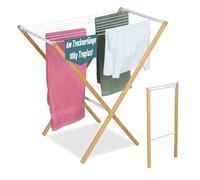 Relaxdays Folding Clothes Airer, 8 Rails, HxWxD: 77 x 79 x 49 cm, Bamboo, Metal, freestanding Drying Rack, Natural/White, Iron