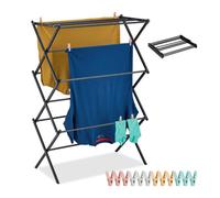 Relaxdays Folding Airer, Clothes Horse, 11 Rails, HWD: 105 x 74 x 37 cm, Laundry Drying Rack, Metal, Space-Saving, Black, Steel, Plastic