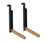 Relaxdays Folding Hook, Set of 2, for Hanging, 6 Coat Hangers, Metal & Wood, for 2 cm Door Thickness, Black, Iron, 21 x 2.5 x 18 cm