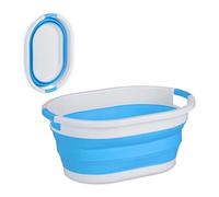 Relaxdays Folding Laundry Basket, 36 L, Plastic Tub, Clothing, Collapsible Washing Storage, with Handles, Blue/White