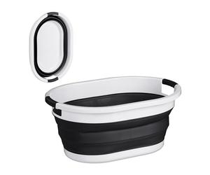 Relaxdays Folding Laundry Basket, 36 L, Plastic Tub, Clothing, Collapsible Washing Storage, with Handles, Black/White, 27.5 x 61 x 44 cm