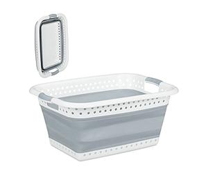 Relaxdays Folding Laundry Hamper with Handles, Plastic & Silicone, Compact Storage Basket, HWD 27x61x45.5 cm, Grey, 1 Item