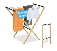 Relaxdays folding laundry rack, 8 rods, HxWxD: 77 x 79 x 49 cm, bamboo, metal, freestanding dryer, natural/black
