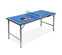 Relaxdays Midi Table Tennis Ping Pong Table, 150 x 67 x 71 cm, Folding Table for Indoor & Outdoor Use, Ball and Paddles Included, Blue
