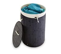 Relaxdays Folding Round Basket, 41 cm Diameter, 65 cm Tall, Foldable, Volume of 80 L, with Cotton Laundry Sack, Black, Fabric, 41 x 41 x 65 cm