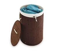 Relaxdays Folding Round Laundry Basket, 41 cm Diameter, 65 cm Tall, Foldable, Volume of 80 L, with Cotton Laundry Sack, Brown