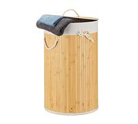 Relaxdays Folding Round Laundry Basket, 41 cm Diameter, 65 cm Tall, Foldable, Volume of 80 L, with Cotton Laundry Sack, Creme