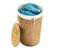 Relaxdays Folding Round Laundry Basket, 41 cm Diameter, 65 cm Tall, Foldable, Volume of 80 L, with Cotton Laundry Sack, Natural Brown