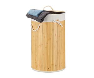 Relaxdays Folding Round Laundry Basket, 41 cm Diameter, 65 cm Tall, Foldable, Volume of 80 L, with Cotton Laundry Sack, Creme
