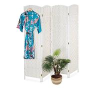 Relaxdays Folding Screen, 4-Panel, Room Divider, H x W: 180 x 180 cm, Partition Wall for Indoors, Bamboo, Paper, White, 60% 30% Wood 10%