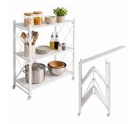 Relaxdays folding shelving unit, 3 shelves, up to 75 kg, white | H x W x D: 91 x 71 x 34 cm, castors with brakes, steel