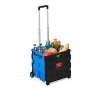 Relaxdays Folding Shopping Trolley, Telescopic Handle, 2 Rubber Wheels, Transport Cart, Aluminium, Blue, 98 x 45.5 x 37 cm
