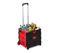 Relaxdays Folding Shopping Trolley, Telescopic Handle, 2 Rubber Wheels, Transport Cart, Aluminium, Red, 98 x 45.5 x 37 cm