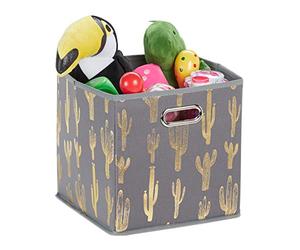 Relaxdays Folding Storage Box, Square, 29 x 28.5 x 28.5 cm, Shelf Tidy with Handle Holes, Without Lid, Cactus, Grey/Gold