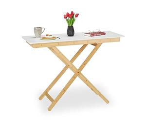 Relaxdays Folding Table, Height Adjustable, Bamboo, HBT 70x105x50 cm, for Kitchen, Living Room, Balcony, Natural/White, 70 x 105 x 50 cm