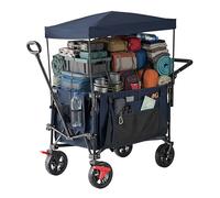 Relaxdays Folding Wagon with Canopy, Telescopic & Push Handle, Rubber Brakes, 150 kg Capacity, 131x54x97 cm, Blue