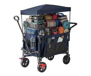 Relaxdays Folding Wagon with Canopy, Telescopic & Push Handle, Rubber Brakes, 150 kg Capacity, 131x54x97 cm, Blue