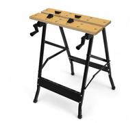 Relaxdays Folding Workbench, Natural/Black | 4 clamping jaws, 100 kg, HWD: 76 x 56 x 62 cm, length scale, angle gauge, tool holder, steel, MDF, workshop clamp table