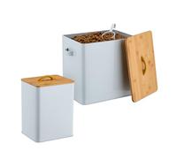 Relaxdays Food Storage Box, Set of 2, Different Sizes, with Bamboo Lid & Spoon, Iron, Store Dry Pet Feed, White/Natural, 29.5 x 20.5 x 28 cm