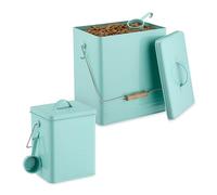 Relaxdays Food Storage Box, Set of 2, Different Sizes, with Lid, Spoon & Handle, Iron, Store Dry Pet Feed, Turquoise, Bamboo, 36.5 x 21 x 28.5 cm
