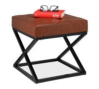 Relaxdays Footstool, Upholstered, Faux Leather, Metal, Industrial Design, Footrest HxWxD: 41 x 41 x 41 cm, Black/Brown, Iron