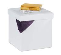 Relaxdays Footstool with Storage Space, Folding Stool Seat, 40 L, Padded, HxWxD: 38 x 37 x 37 cm, Faux Leather, White, Fibreboard