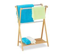 Relaxdays Free-Standing Bamboo Towel Holder, HxWxD: 87 x 58.5 x 36 cm, 5 Rails and 1 Shelf, Clothes Stand, Natural
