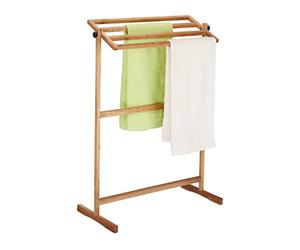Relaxdays Free-Standing Walnut Wood Towel Holder, HxWxD: 98 x 66 x 31 cm, Airing Stand for Laundry and Clothes, Natural