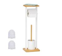 Relaxdays Freestanding Toilet Brush Holder with 2 Replacement Brushes, Roll Holder and Toilet Brush, White/Natural