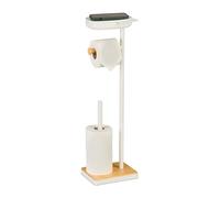 Relaxdays freestanding toilet shelf, HWD: 68x20.5x16cm, reserve roll holder, white/natural, Iron, Bamboo, Plastic, 68 x 20.5 x 16 cm