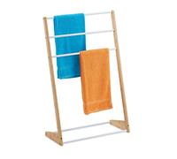 Relaxdays Freestanding Towel Holder, Compact 3 Levels for Drying, Bamboo & Iron, HxWxD: 98 x 62 x 30 cm, Natural/White