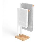 Relaxdays freestanding towel holder, towel stand with 2 bars, for hand and bath towels, metal and bamboo, white/natural