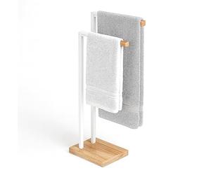Relaxdays freestanding towel holder, towel stand with 2 bars, for hand and bath towels, metal and bamboo, white/natural