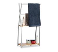 Relaxdays Freestanding Towel Holder, X-Design, 2-Tier Bathroom Towel Rack, HWD: 93 x 46 x 20 cm, Bamboo + Steel, Natural