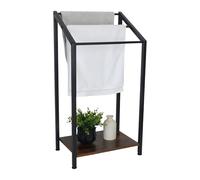 Relaxdays freestanding towel rack with shelf, HxWxD: 80x43x28 cm, industrial style, 3 rods, black/brown, Fibreboard, Iron, 80 x 43 x 28 cm