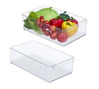Relaxdays Fridge Organiser, Set of 2, HxWxD: 10 x 20.5 x 36.5 cm, Kitchen Box with Handle, Plastic, Transparent