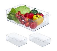 Relaxdays Fridge Organiser, Set of 3, HxWxD: 10 x 20.5 x 36.5 cm, Kitchen Box with Handle, Plastic, Transparent