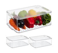 Relaxdays Fridge Organiser, Set of 3, Refrigerator Inserts, Lid & Date, Kitchen, HxWxD: 10.5 x 21 x 33 cm, Transparent