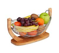Relaxdays 10028850 Fruit Basket, Banana Hammock, Vegetable Bowl, Bamboo & Stainless Steel, HxWxD: 18.5x38x23 cm, Natural/Silver