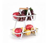 Relaxdays Fruit Bowl, 2-tier, metal, wooden handle, HxWxD: 34 x 26 x 17 cm, fruit & vegetables, open design, white
