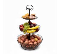 Relaxdays Fruit Bowl, 3-tier, metal, HxD: 47 x 30 cm, fruit, vegetables, with handle, decorative, black