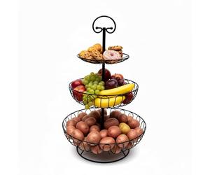 Relaxdays Fruit Bowl, 3-tier, metal, HxD: 47 x 30 cm, fruit, vegetables, with handle, decorative, black