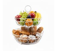 Relaxdays Fruit Etagere, 2 tiers, metal, HxD: 30 x 31 cm, white | fruit & veg, with handle, round bowl