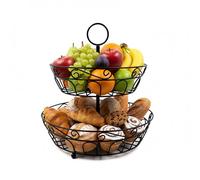 Relaxdays Fruit Stand, 2-tier, metal, HxD: 30 x 31 cm, fruits, with handle, round bowl, black