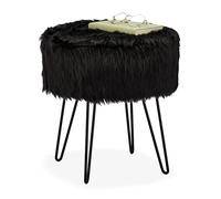 Relaxdays Fur Stool, Padded Plush, Round, Metal Frame, Dressing Table, HxD: 41 x 37 cm, Black, Fibreboard