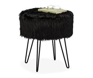 Relaxdays Fur Stool, Padded Plush, Round, Metal Frame, Dressing Table, HxD: 41 x 37 cm, Black, Fibreboard